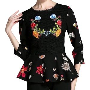 STYLEWE Aofuli Black Floral Crochet Eyelet Peplum Hem 3/4 Sleeve Top Size 14 NEW